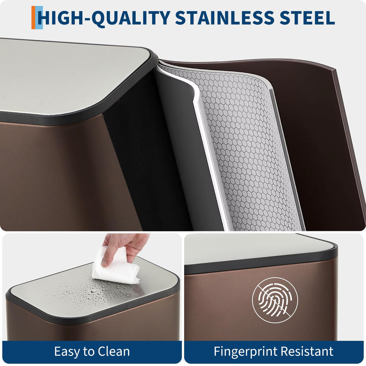 8 Gallon Brown Stainless Steel Kitchen Trash Can - Rectangular Foot Pedal Garbage Bin with Soft-Close Lid & Removable