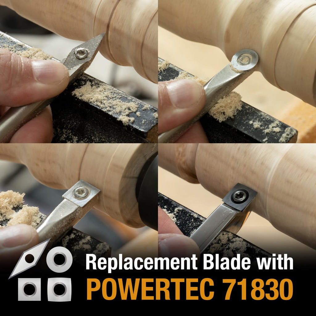 POWERTEC 4 Pcs Carbide Lathe Tools for Woodturning, Wood Lathe Tools with Radius Edge Square, Flat Edge Square, Round and Diamond, Lathe Toolds with Replaceable Blade (71826)