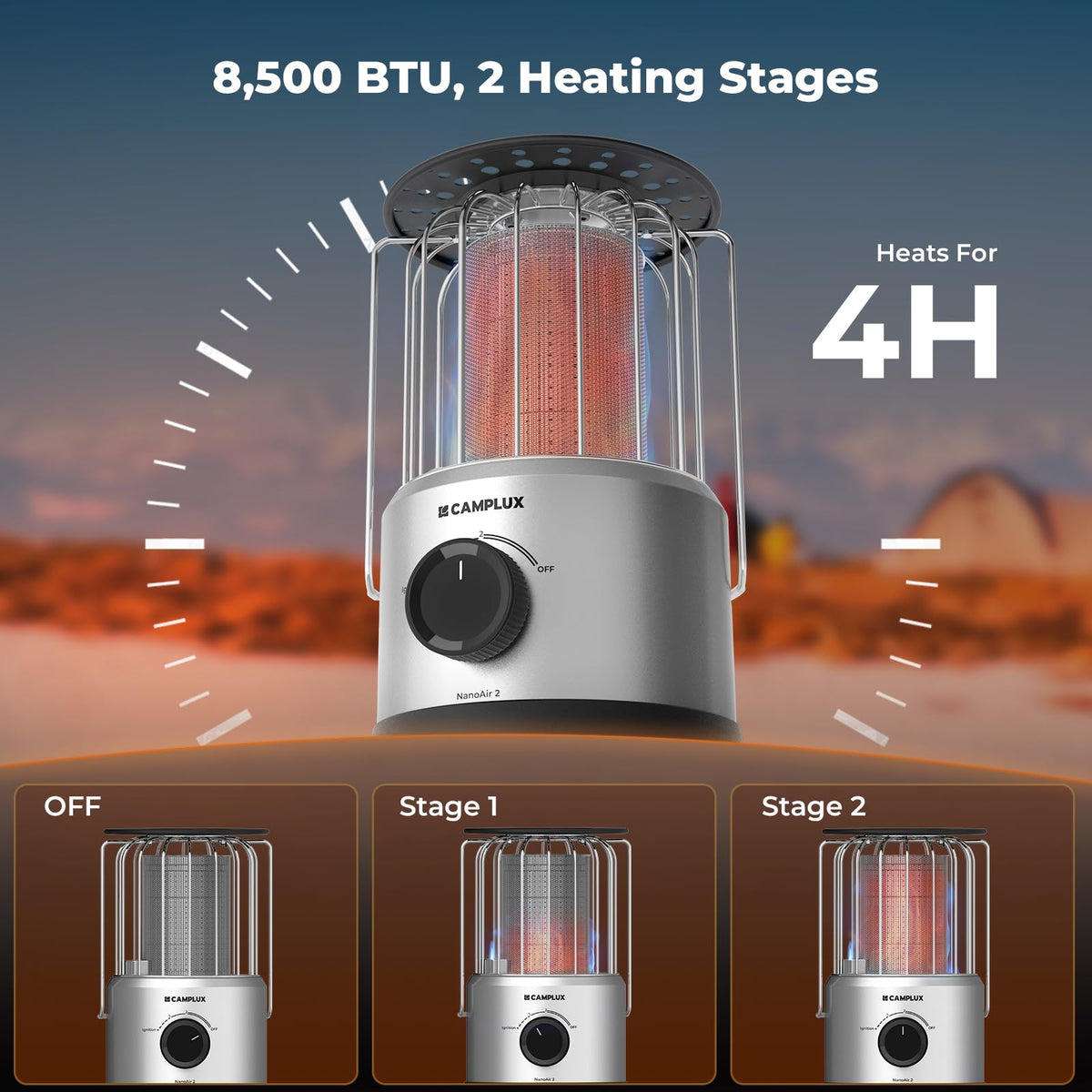CAMPLUX Portable Propane Heater 8500 BTU, 2 Heating Modes Tabletop Outdoor Heater for Camping, Patio, and Outdoor