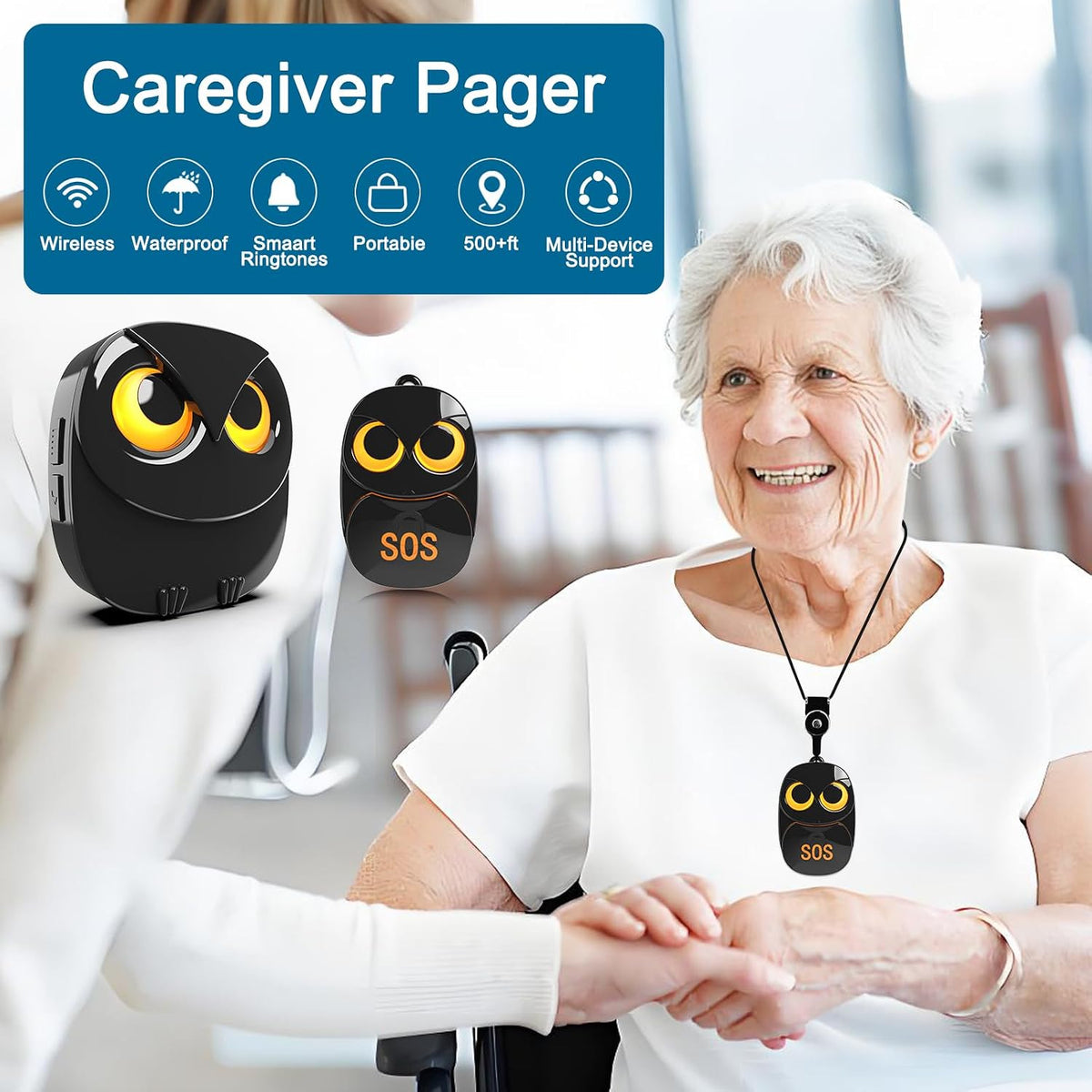 Caregiver Pager Wireless Call Button, 1 Transmitter + 1 Receiver , Black