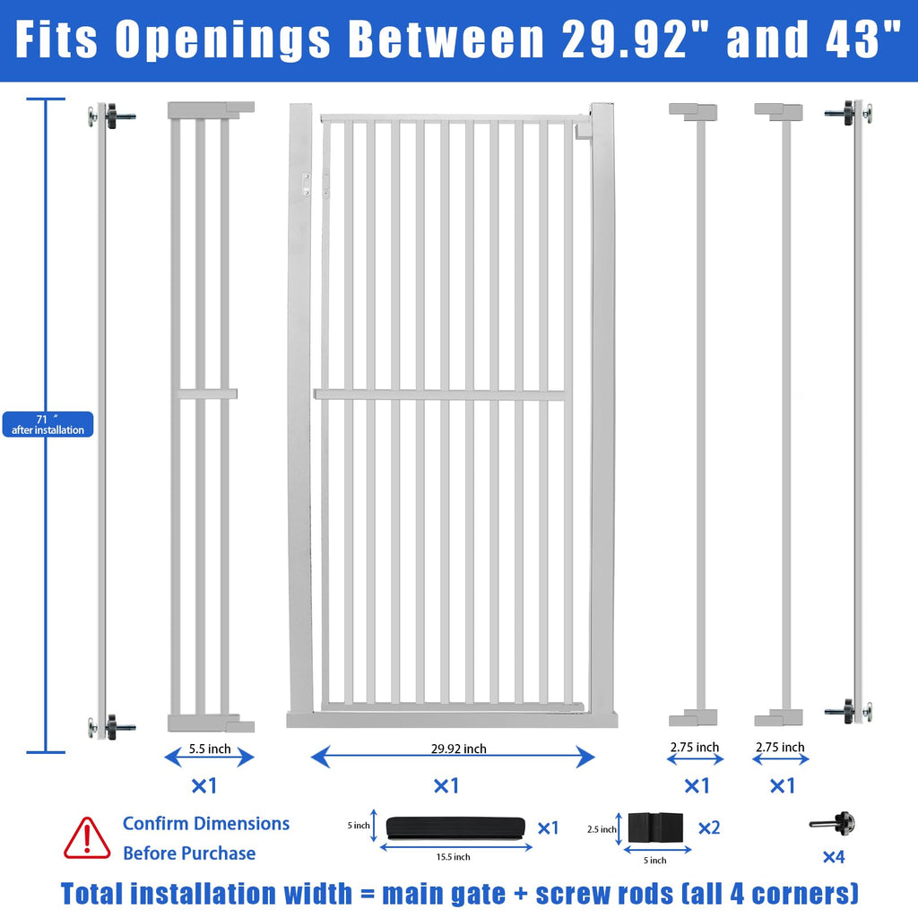 71" x 29.92-43" Extra-Tall Full-Height Anti-Jump Cat & Pet Safety Gate with Narrow Bar Spacing & Double-Lock Walk-Through Door for Doorways & Stairs