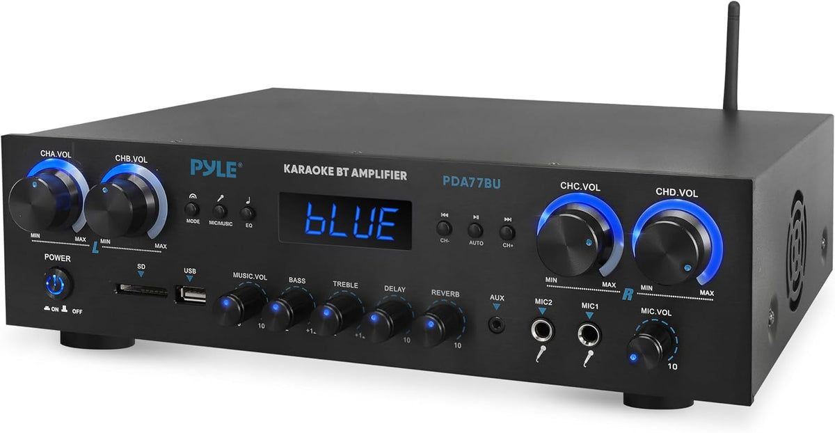 Home Stereo Receiver with Bluetooth - 4 Channel Amplifier, 800 Watt Max, USB-A Input w MP3 Player, Easy Karaoke Setup