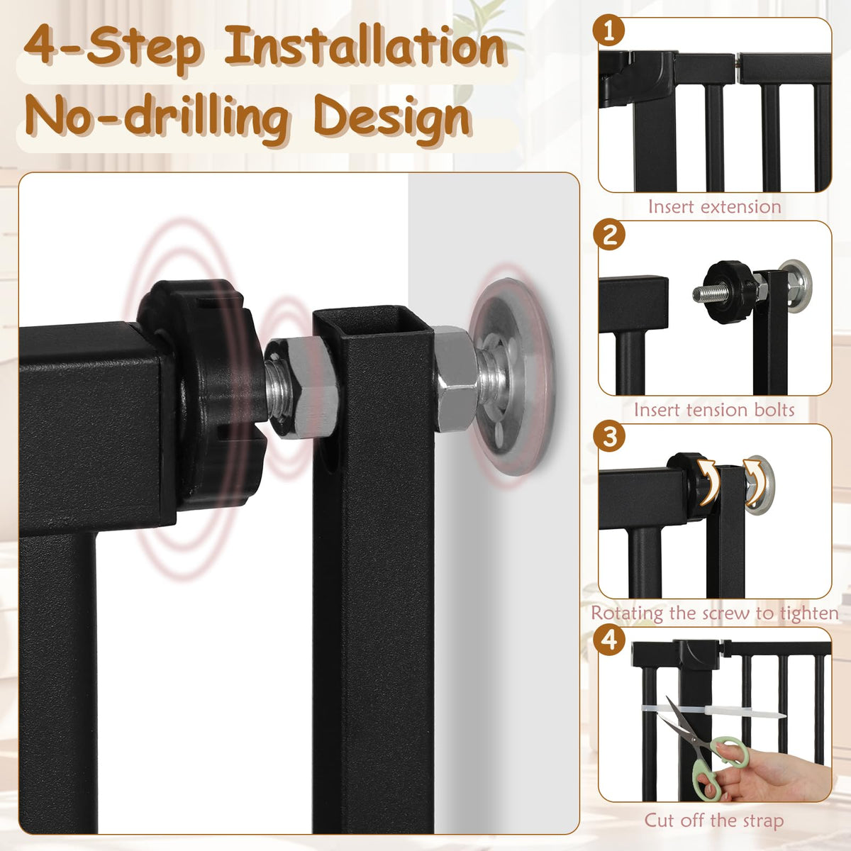 34.2-38.2" Wide Extra-Tall Full-Height Anti-Jump Cat & Pet Safety Gate with No-Drill Pressure Mount & Auto-Close Walk-Through Door
