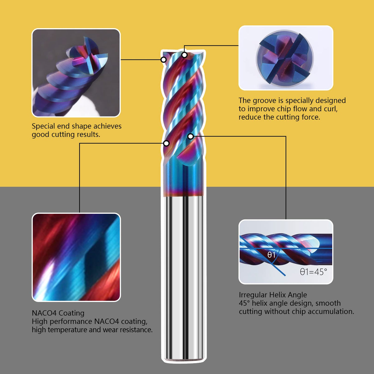 AYCHOLIZ 3/8" Solid Carbide Square End Mills Set 65HRC Extra Long 4" Milling Cutter 4 Flute CNC Milling Bits for Stainless Steel Hardness Steel