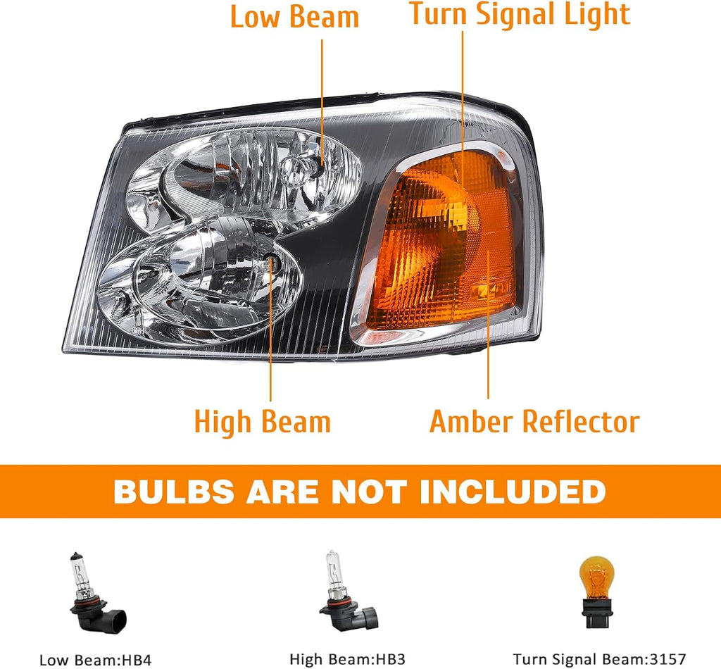 Headlight Assembly Compatible with 2002-2009 GMC Envoy, Headlamp w/o Bulb Replace# 15866071 15866070
