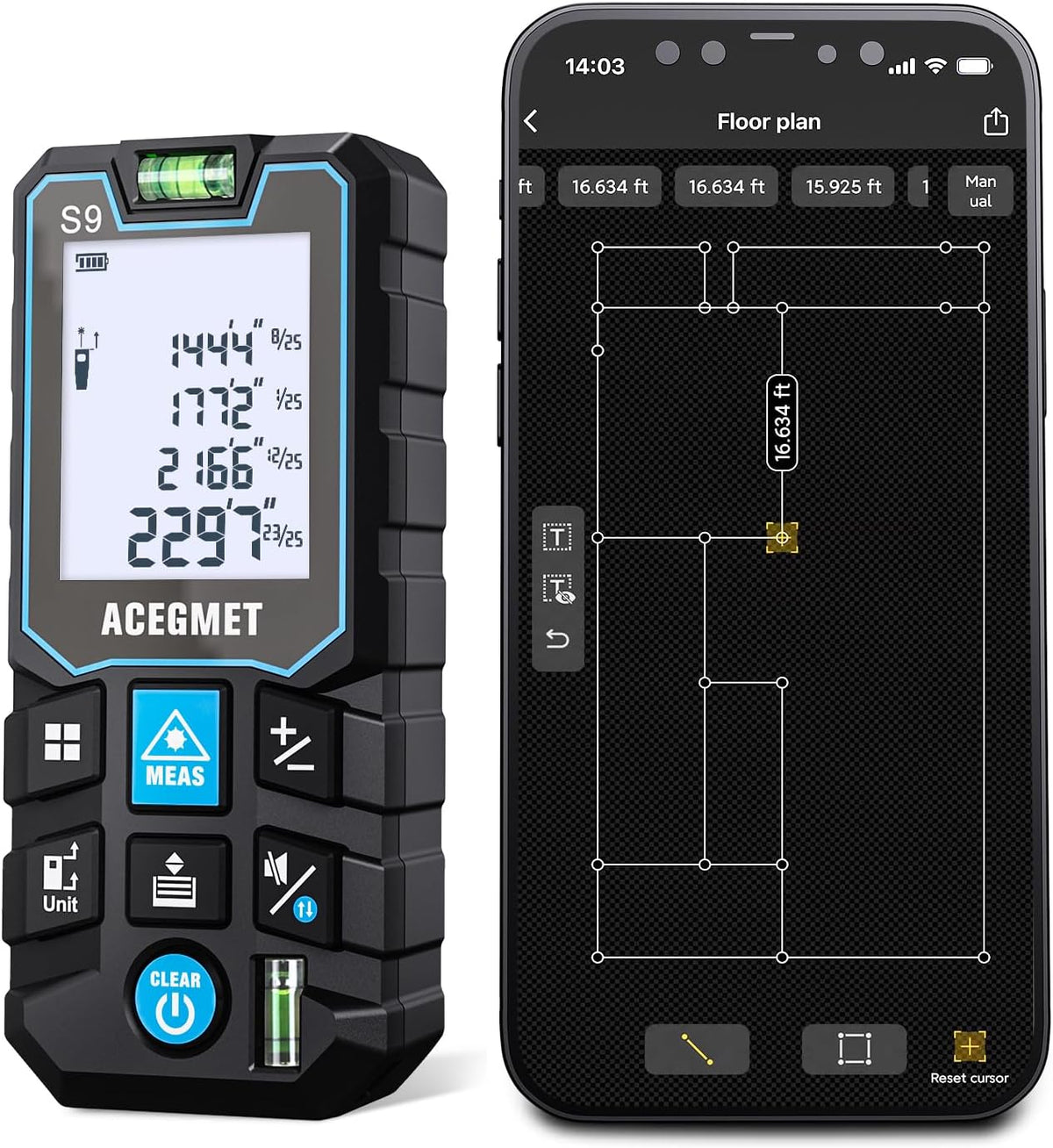 Laser Measure with Phone App, 229ft/70m Laser Measurement Tool with 2 Bubble Levels, LCD Backlit Display, IP54