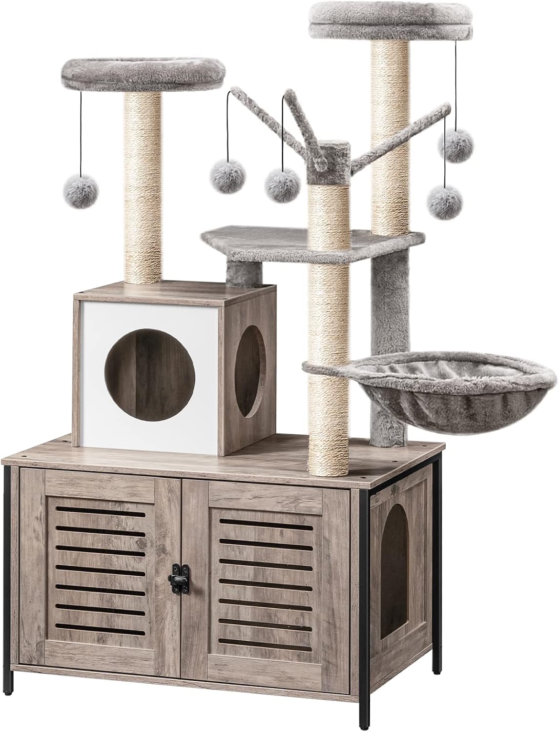 Cat Tree with Litter Box Enclosure, 27.6" L x 18.9" W x 52" H, All-in-One Wooden Cat Tower, Cat Furniture for Indoor