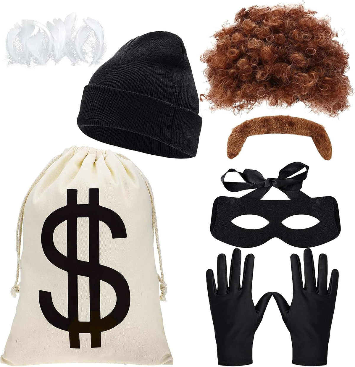 Robber Costume Accessory Halloween 7Pcs Bank Thief Money Bag Hat Wig | Money Bag, Bat Eye Mask, Beanie Hat, Gloves