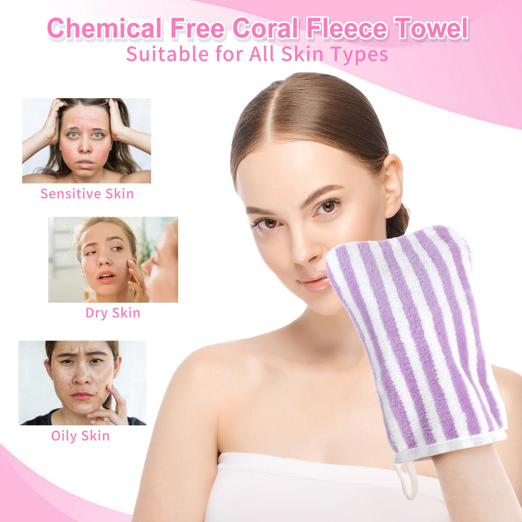 6 Striped Bath Mitts Washcloths, PHOGARY Small Hand Towels with Hanging Loop, 5"x8" Super Absorbent Soft Coral Fleece