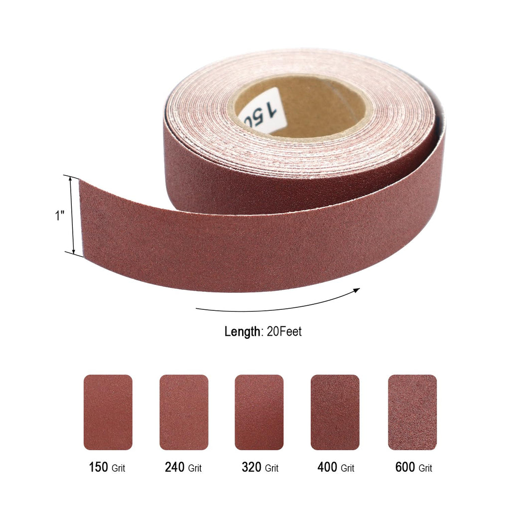 SCOTTCHEN Abrasive Sanding Rolls 1" x 20Ft x 5 Grits Abrasive Sandpaper Rolls for Finishing and Sanding Abrasive Paper Variety Pack in Assorted Grits 150, 240, 320, 400 and 600 Grit Rolls