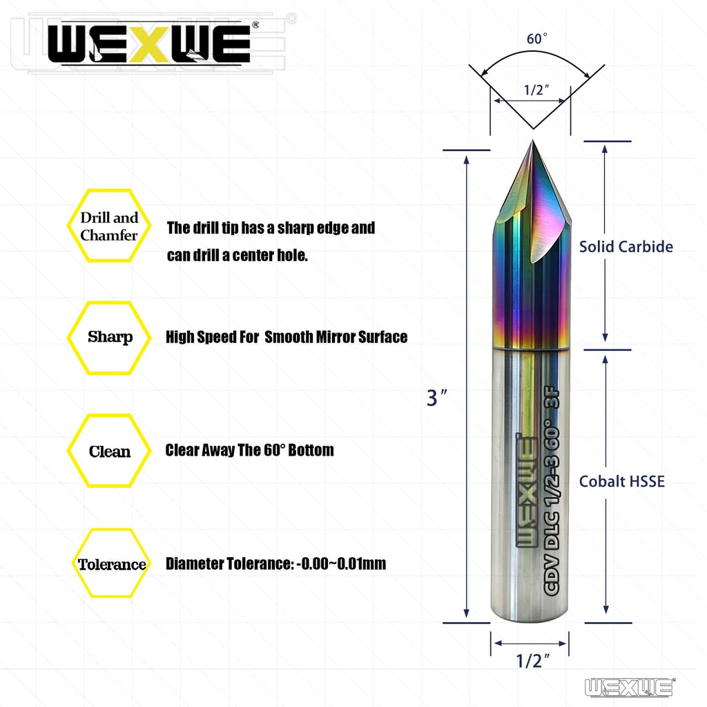 WEXWE Tools Chamfer End Mill for Wood, Alloy Steel, Hardened Steel, Carving, Drilling and Chamfering, V Groove, 60 Degree, Mill Bits Sets for DIY, 3 Flute, 1/2" Shank (1 Piece, 1/2 60°)