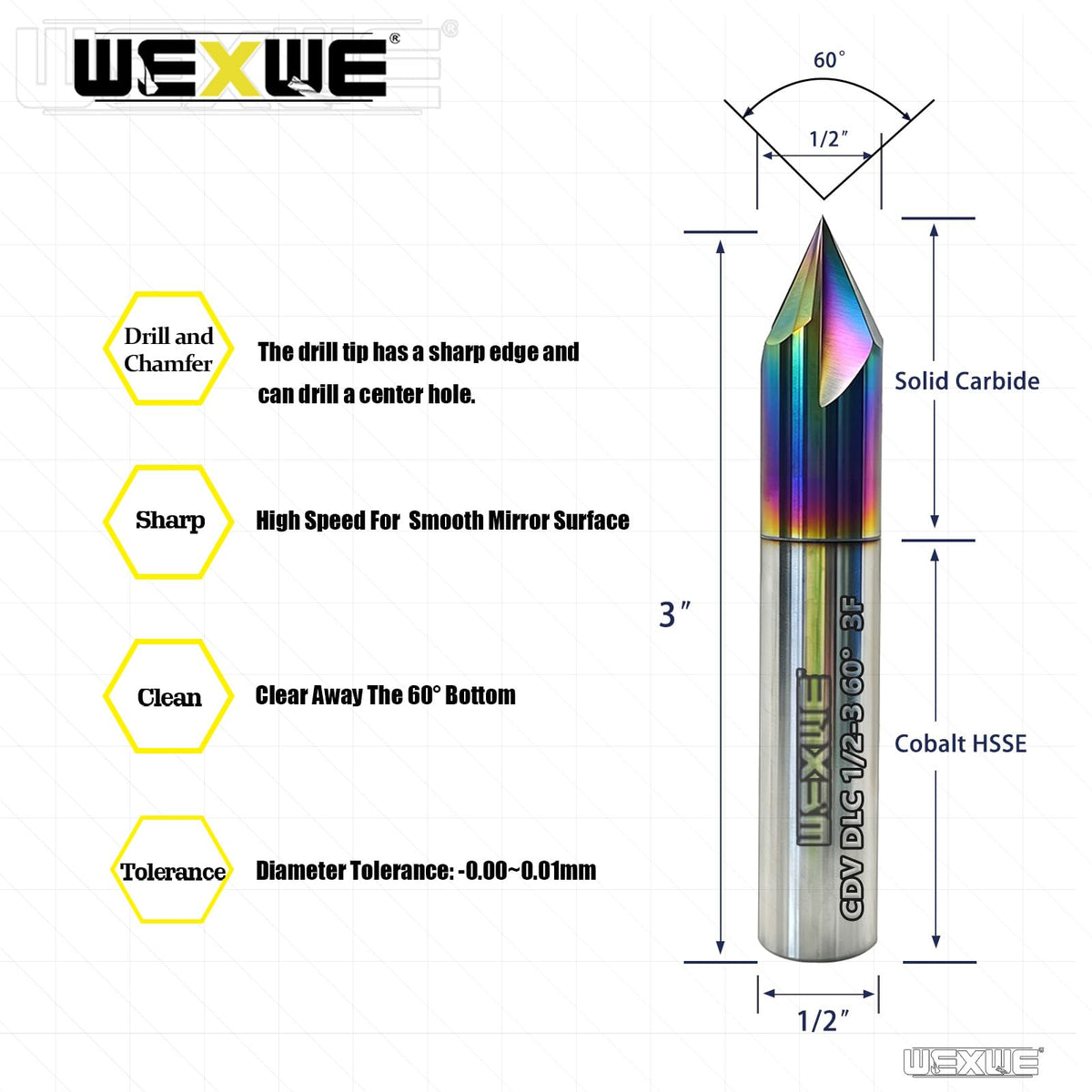 WEXWE Tools Chamfer End Mill for Wood, Alloy Steel, Hardened Steel, Carving, Drilling and Chamfering, V Groove, 60 Degree, Mill Bits Sets for DIY, 3 Flute, 1/2" Shank (1 Piece, 1/2 60°)