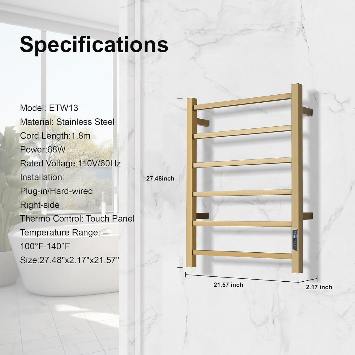 Electric Heated Towel Warmer - Wall Mounted Bathroom Towel Rack, Plug-in Design & Gold Brushed Stainless Steel 6 Bar