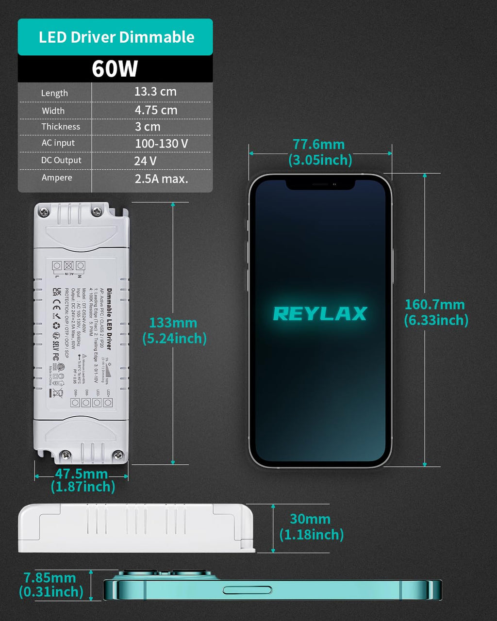 24V 60W Dimmable LED Driver, Constant Voltage Transformer for LED Light