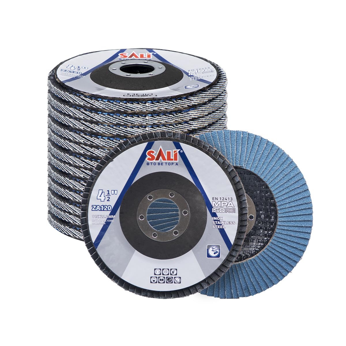 SALI Flap Discs 120 Grit, 4-1/2" x 7/8"-Inch Flap Sanding Disc, Type 29 Zirconia Grinding Wheel, Metal, Steel, Stainless Steel Grinding (12 Pack)