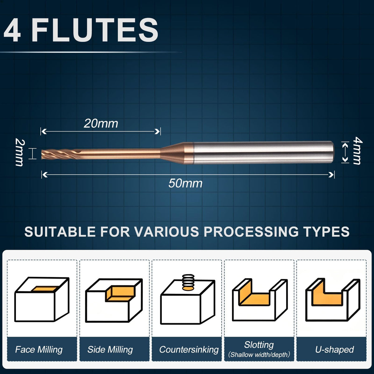 Workkyma Carbide End Mill 2mm Dia 20mm Cut L 50mm L 4mm Shank 4 Flute