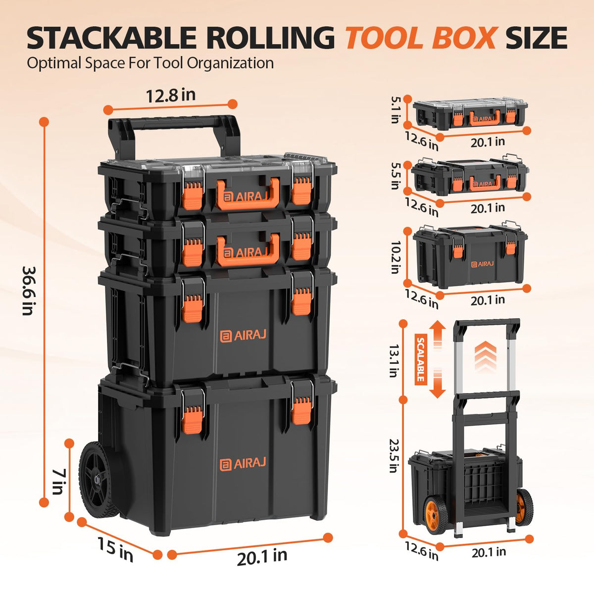 4 Tier Rolling Tool Box Heavy Duty, Stackable Tool Box with Wheels