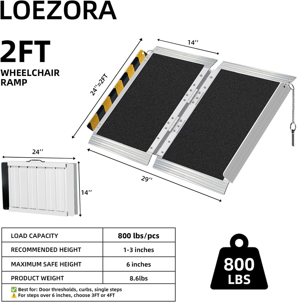 2ft Portable Wheelchair Ramp, Non-Skid Aluminum, Folding