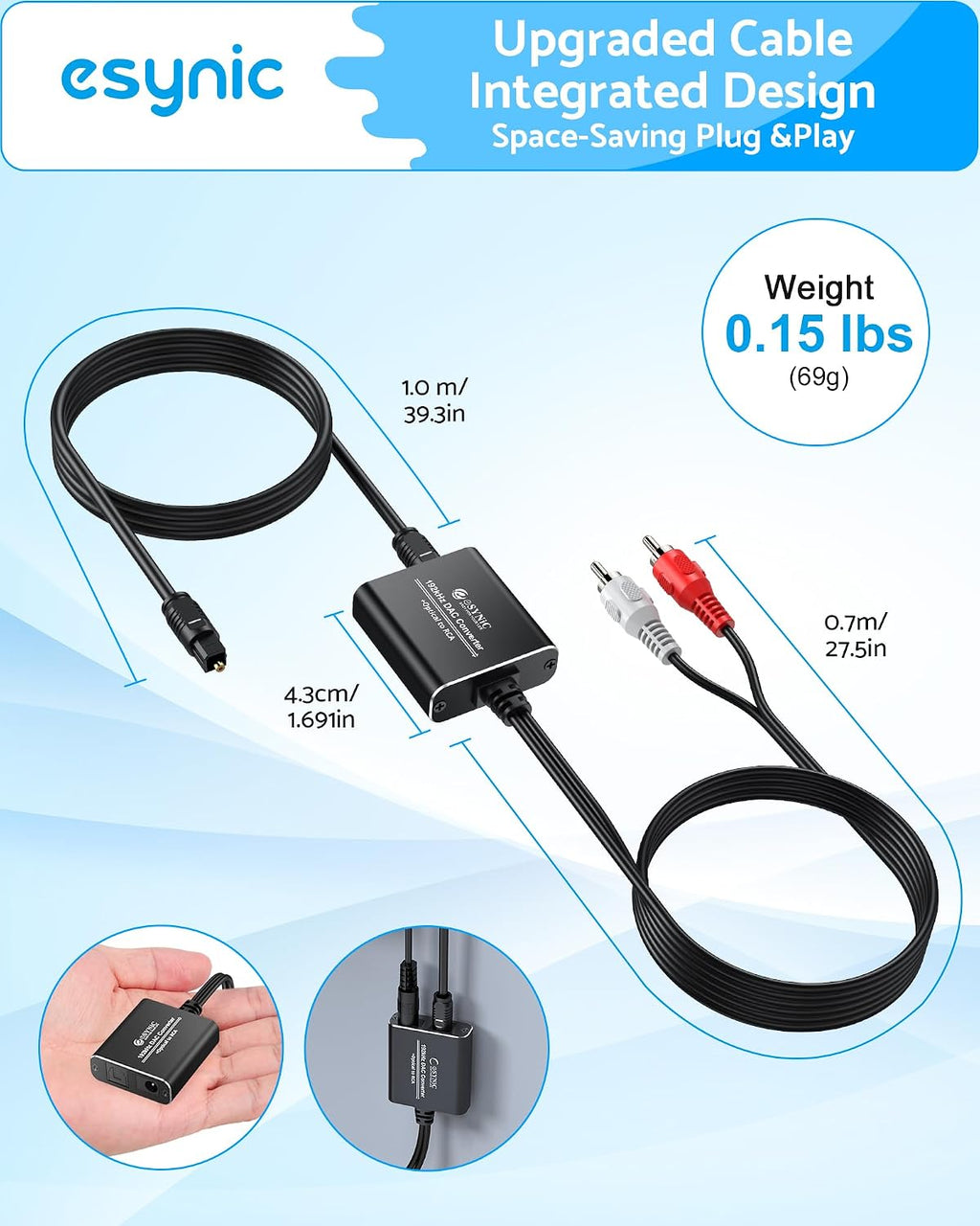 192KHZ Optical to RCA Adapter-Built-in DAC Chip-USB Power | Built-in DAC Chip-Portable DAC Converter-Aluminum Shell