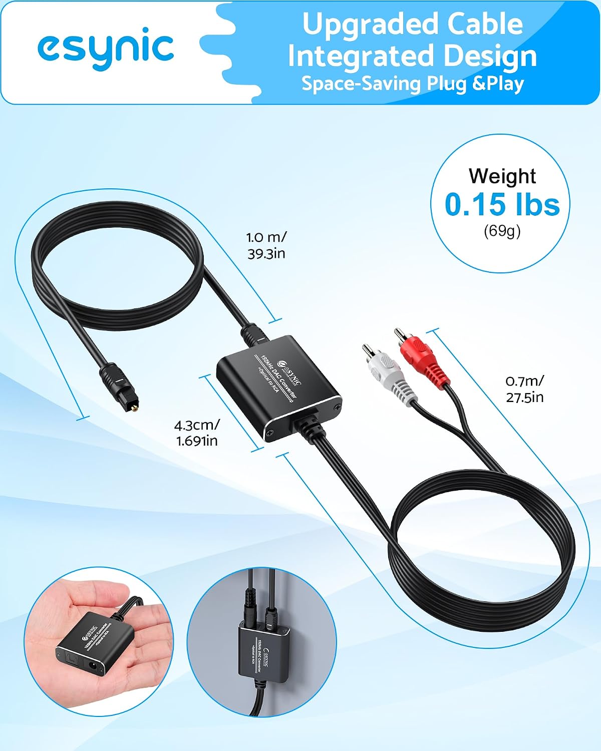 192KHZ Optical to RCA Adapter-Built-in DAC Chip-USB Power | Built-in DAC Chip-Portable DAC Converter-Aluminum Shell