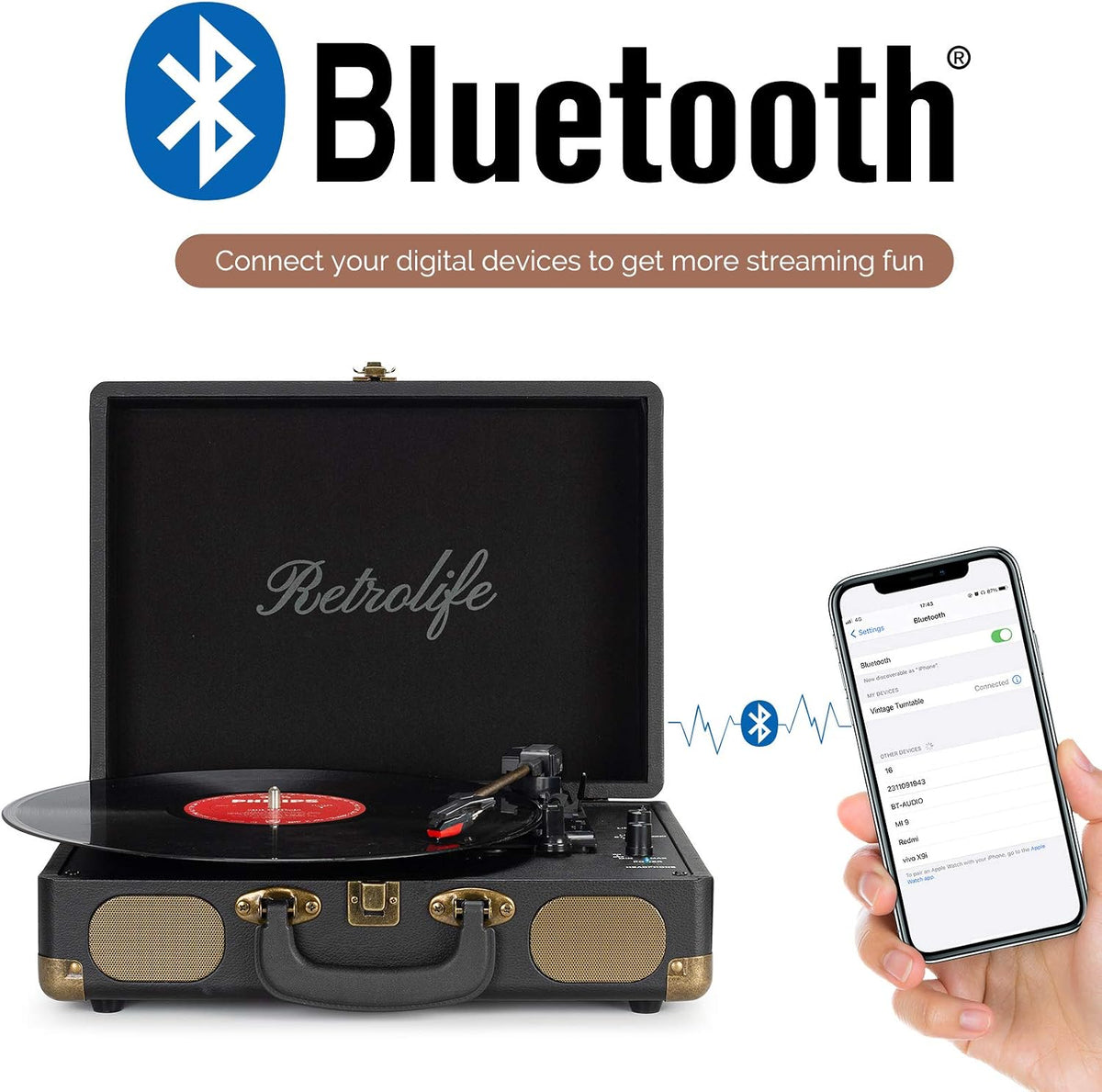 Vinyl Record Player with Speakers, Bluetooth Vinyl Player-Black | Portable, 3-Speed BT Turntable, Belt-Driven, RCA