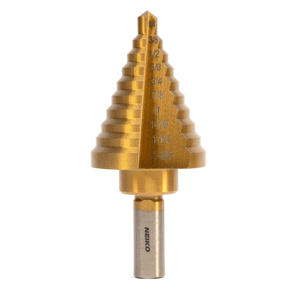 NEIKO 10194A Step Drill Bit, 10 Steps 1/4” to 1 3/8” Straight High Speed Steel, Titanium Nitride Coated, 3/8” Tri Flat Step Bits for Steel, Metal, Wood, Plastic, Unibit Cone Drill Bits, Two Flute