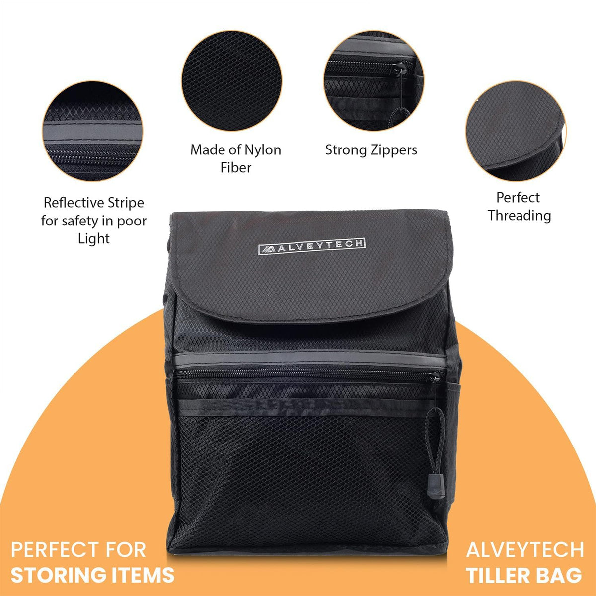 AlveyTech Large Tiller Bag for Mobility Scooters (Black) - Durable Nylon Fabric Organizer Bags with Reflective Stripe, Strong Zipper & Threading, Convenient Snacks, Bottles, Books, Storage Accessories