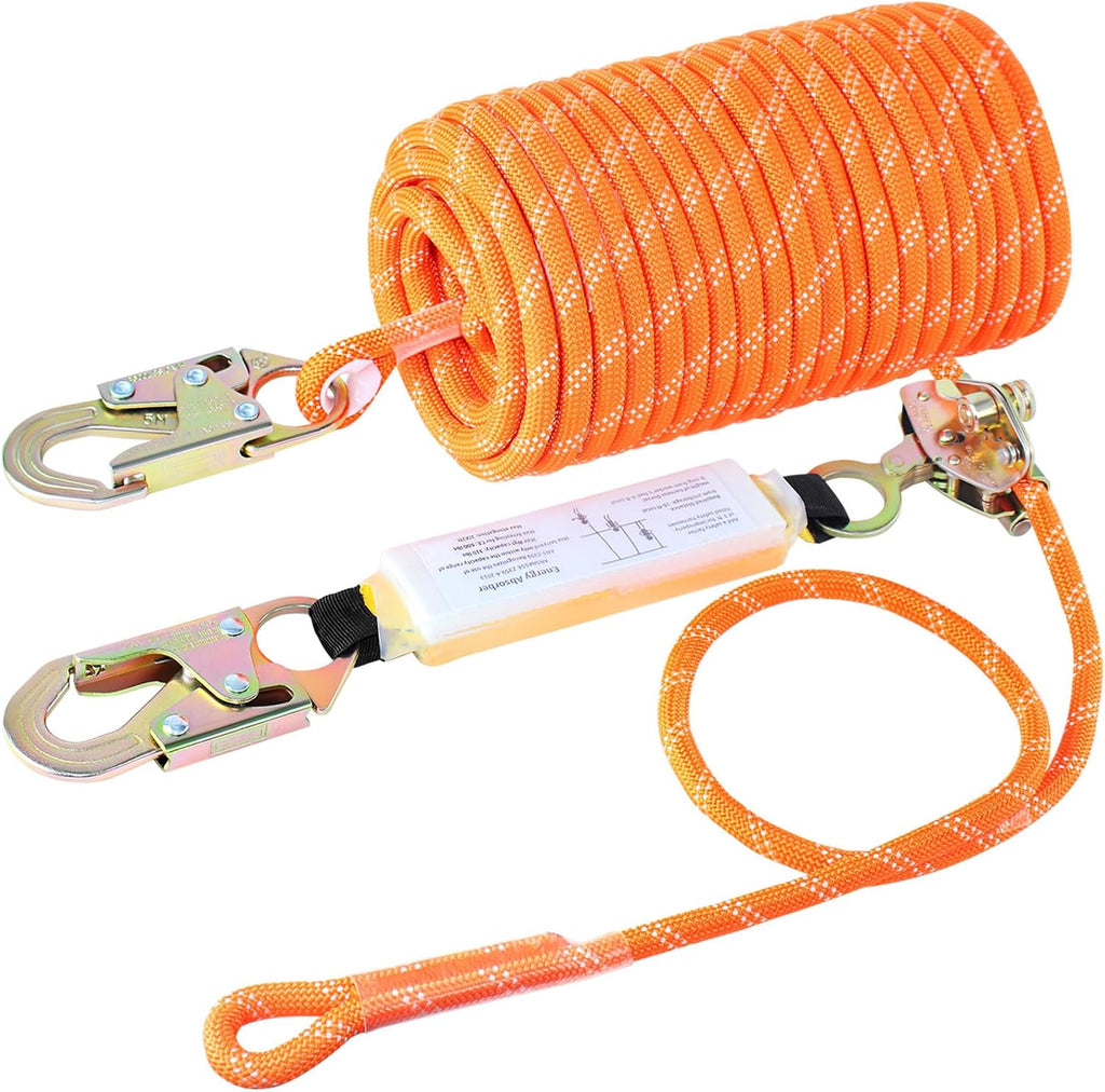 50FT Fall Protection Safety Rope, Heavy Duty Vertical Roofing Rope | Rope Harness Safety Lanyard with Grab Snap Hooks
