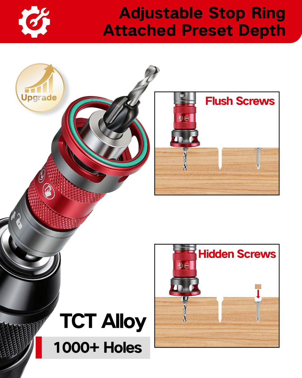 8PCS Upgrade Countersink Drill Bits Set, Quick-Adjust Two Flute TCT Alloy Tapered Counterbore with Adjustable Depth Stop Collar, Wood Countersink Drill Bit with Wrench for Woodworking Plywood MDF DIY