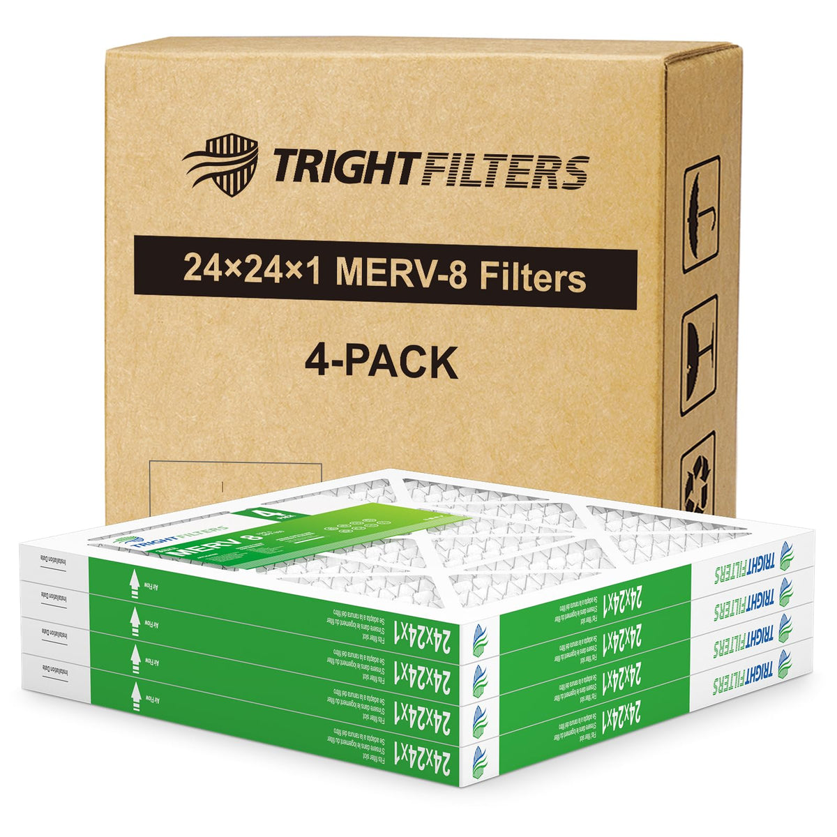 24x24x1 Air Filter 4 Pack, MERV 8 Pleated HVAC Furnace Filter