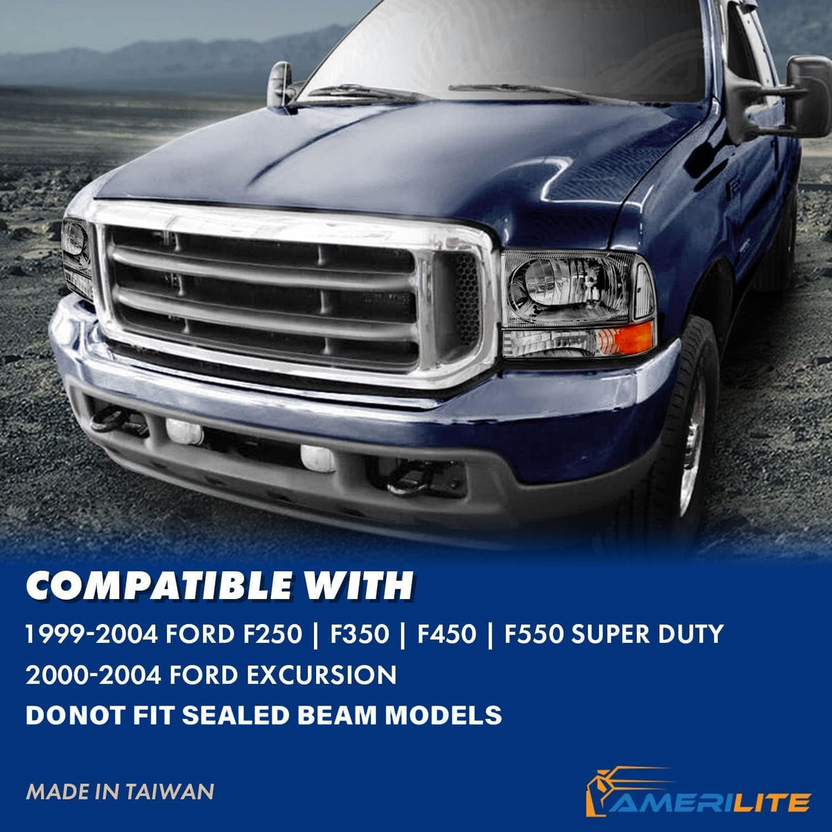 AmeriLite for 1999-2004 Ford Super Duty F250 F350 F450 F550 | Excursion Factory Style Gun-Metal Replacement Headlights w/Corner Bumper Set - Passenger and Driver Side