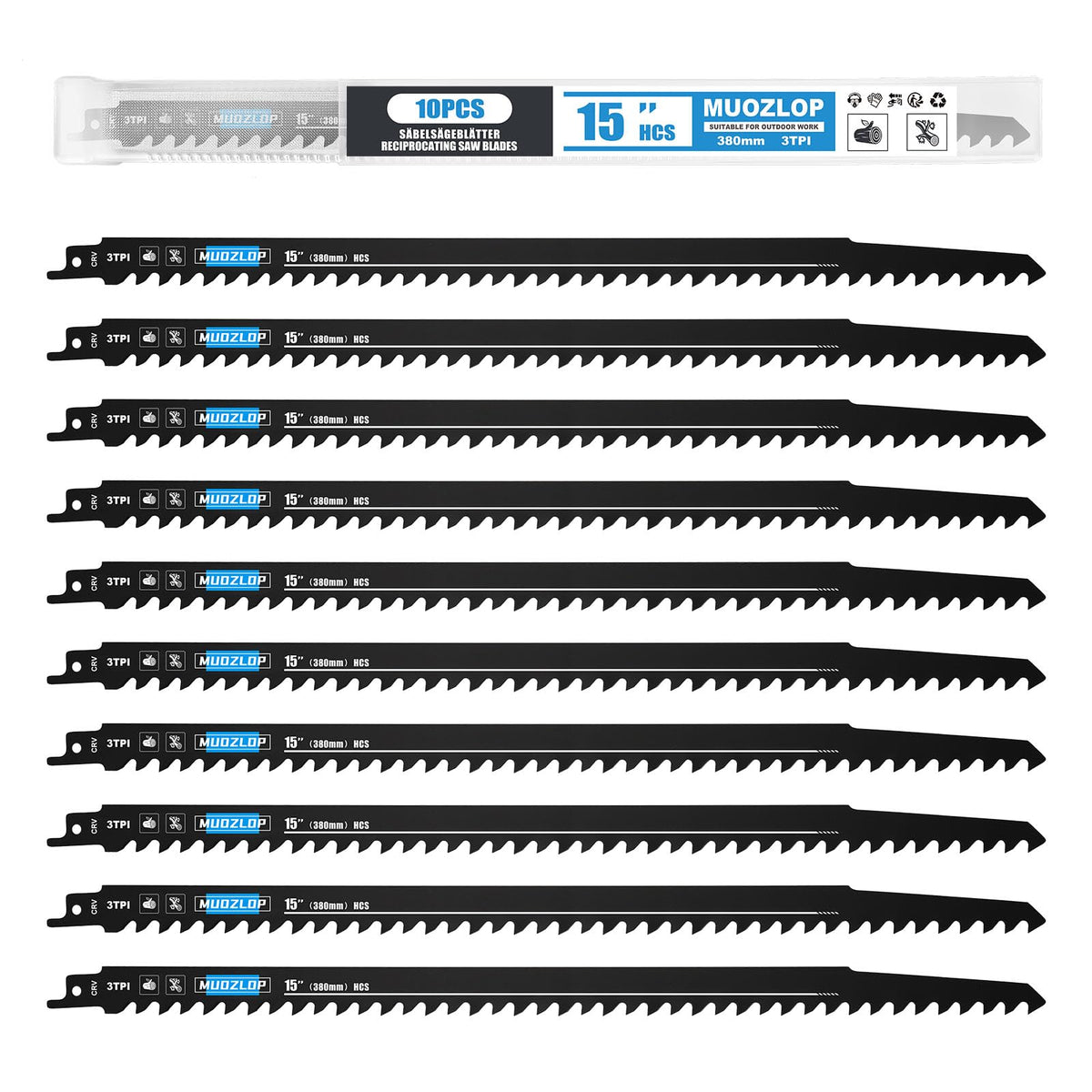 MUOZLOP 10Pack 15inch 3TPI Woodcutting Reciprocating Saw Blades Set