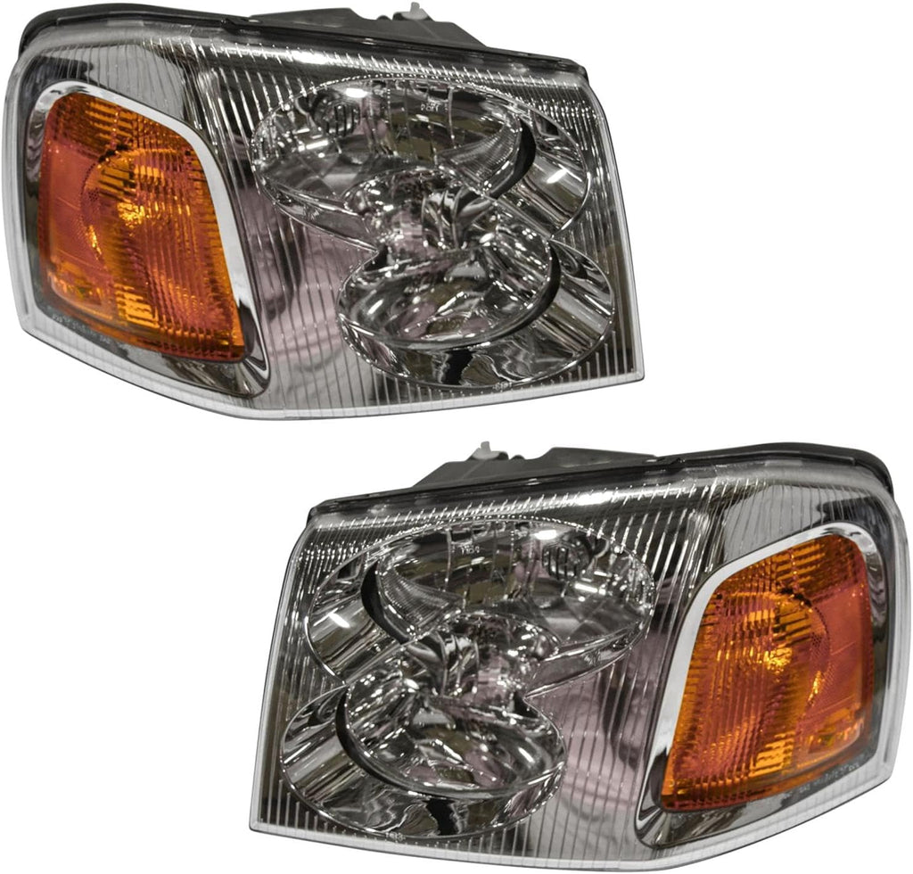 TRQ Driver and Passenger Side Headlight Assembly Set Chrome Housing