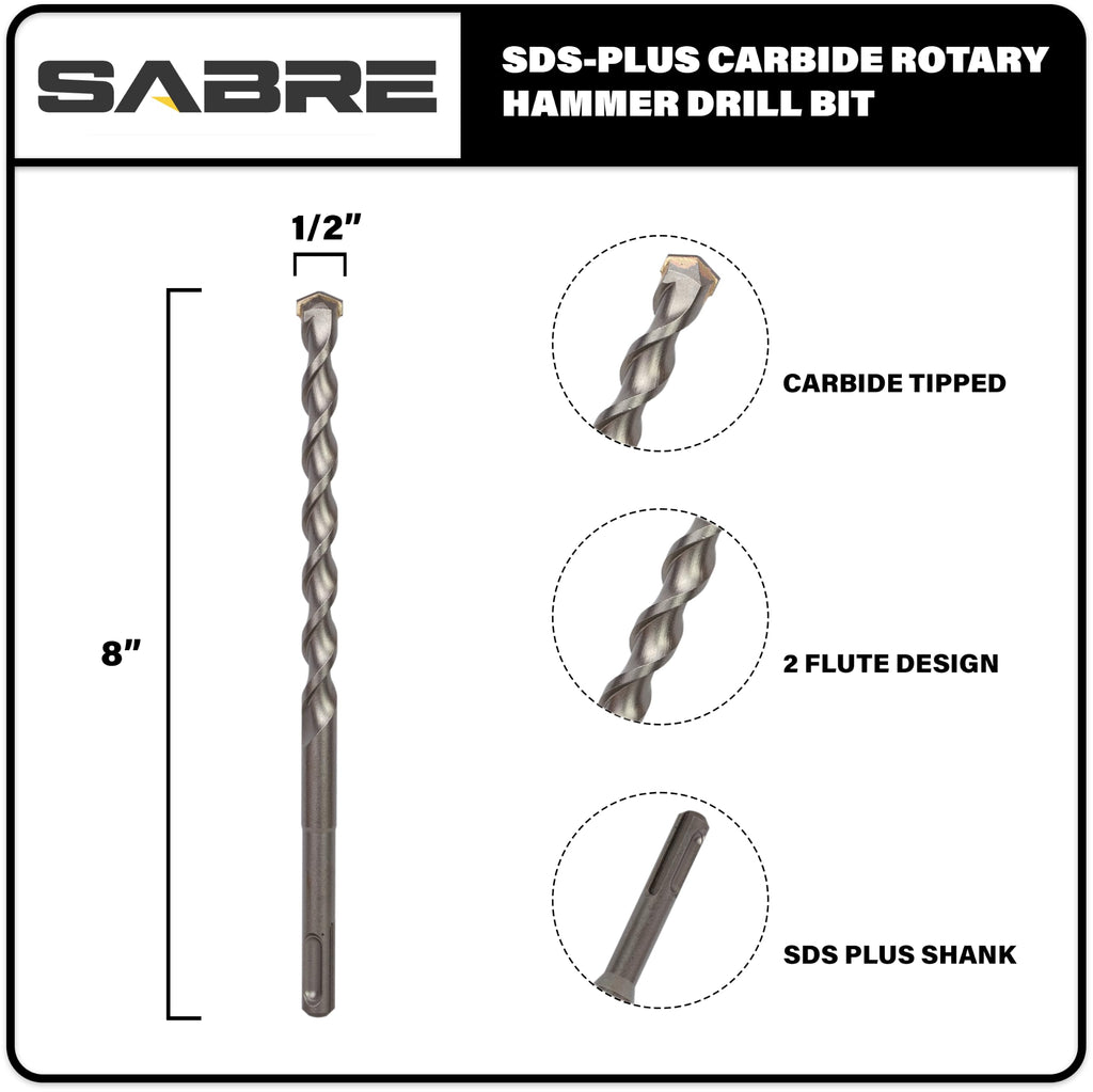 Sabre Tools 5-Pack 1/2 Inch x 8 Inch SDS Plus Rotary Hammer Drill Bits, Carbide Tipped for Brick, Stone and Concrete (1/2” x 6" x 8")