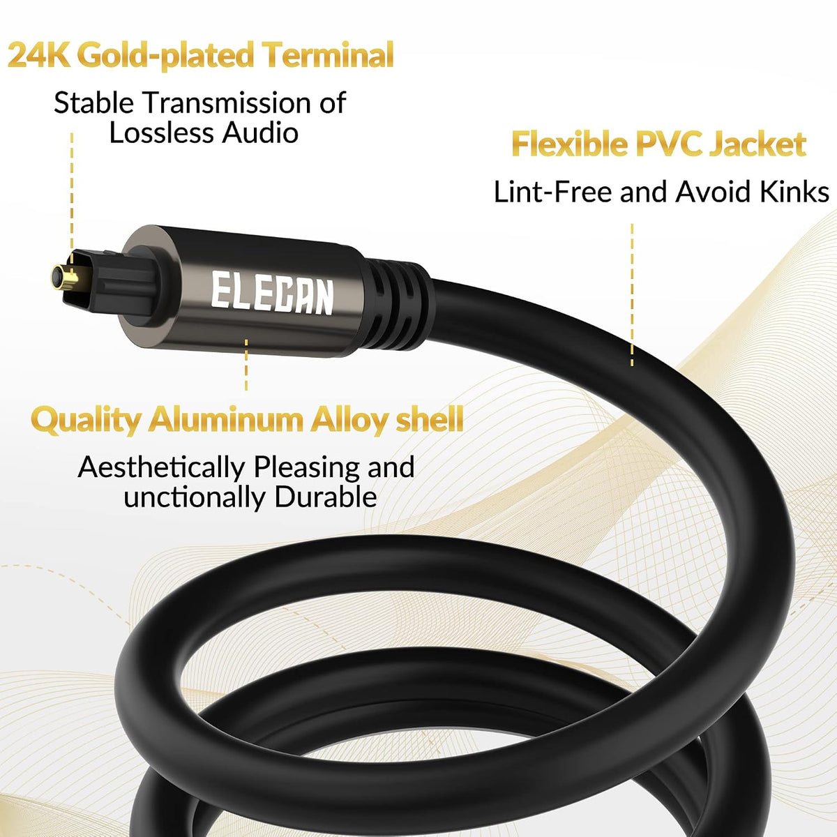 Optical Audio Cable 30 Ft Digital Audio Toslink Cable Cord-Fiber Optic-Gold Plated-Flexiable&Durable-for Home