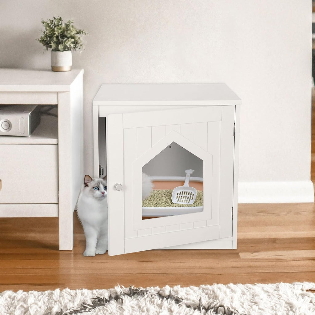 Cat House & Side Table, Pet Cat Litter Box Enclosure with Vent Holes, Wooden Enclosed Cat Washroom, White