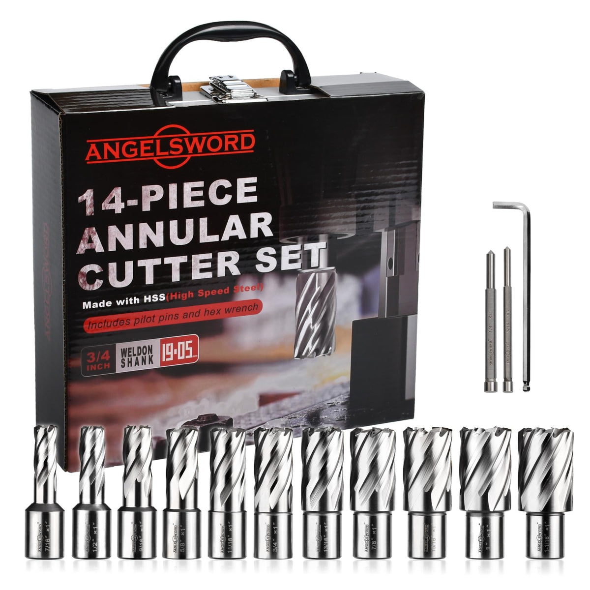 ANGELSWORD M2 HSS Annular Cutter Set 14 Pcs,Cutting Depth 1",Mag Drill Bit