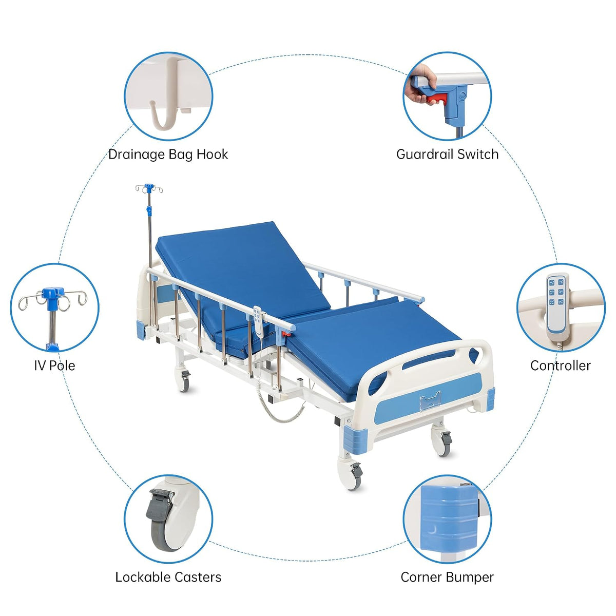 Hospital Bed Electric 2 Function, 5-Inch Locking Casters for Home Hospital Use, 530LBS Loading, with IV Pole, Bed