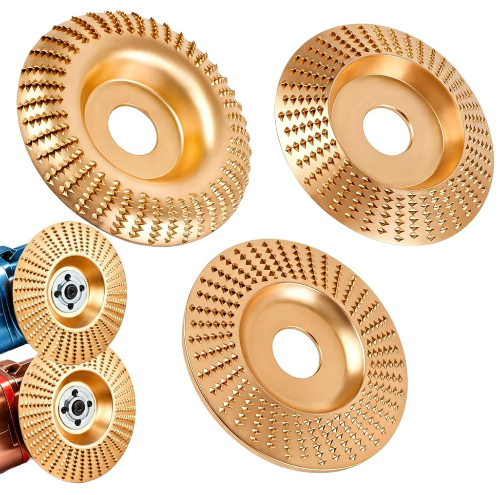 3PCS Wood Carving Disc Set, Tungsten Carbide Grinding Wheel Attachments for 4" & 4.5" Grinders, Wood Shaping Sanding Polishing Discs for Woodworking (Flat + Inclined + Curved, 22mm Arbor, Golden)