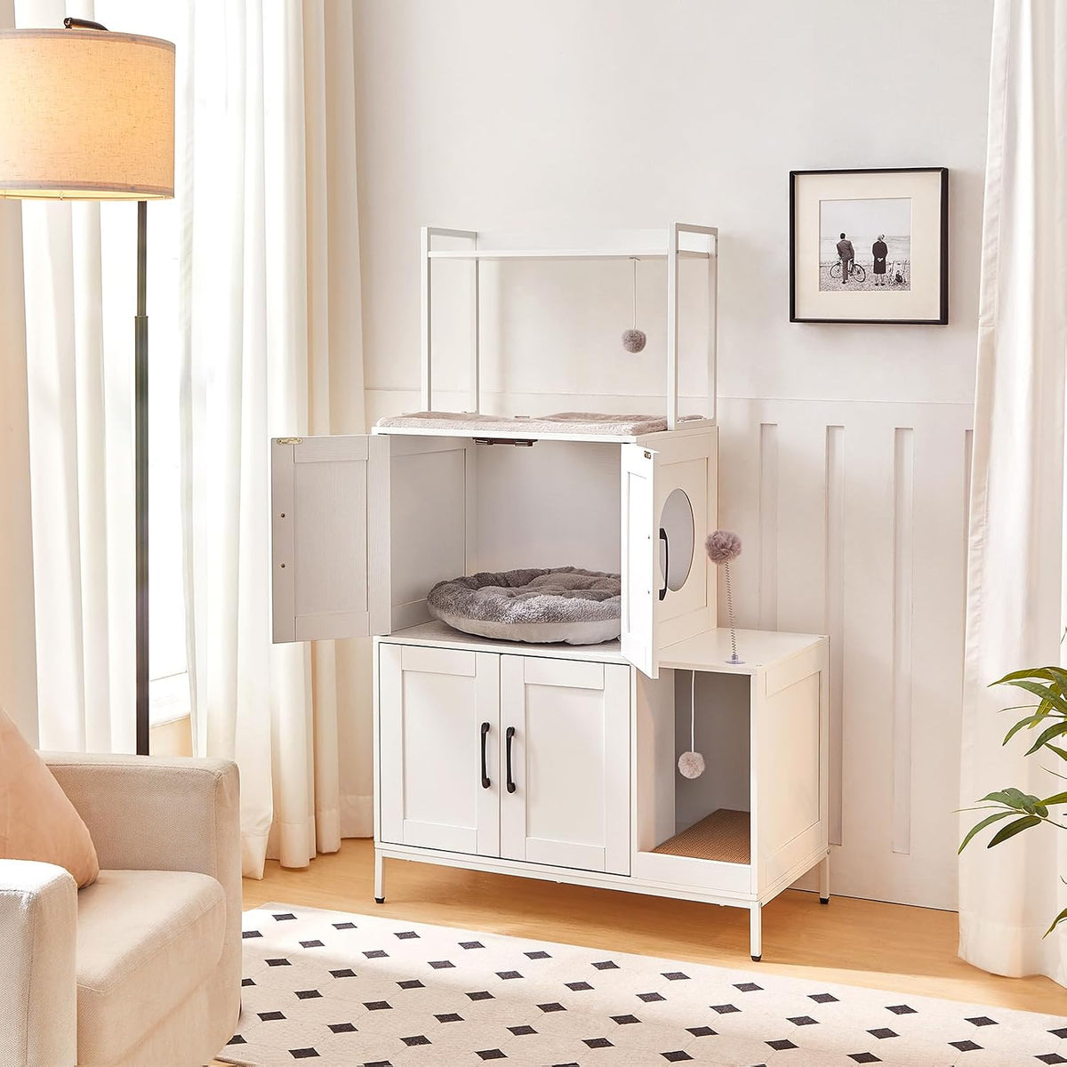 Litter Box Enclosure, Litter Box Furniture with Storage, 2-in-1 Hidden Cat Furniture with Shelf, 2 Dangling Plush