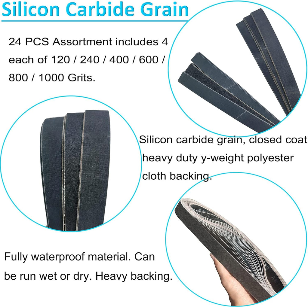 24 Pack 1 x 30 Inch Silicon Carbide Sanding Belts Assorted -120 240 400 600 800 and 1000 Grits, High Performance Sander Belts For Knife Sharpening and Metalworking