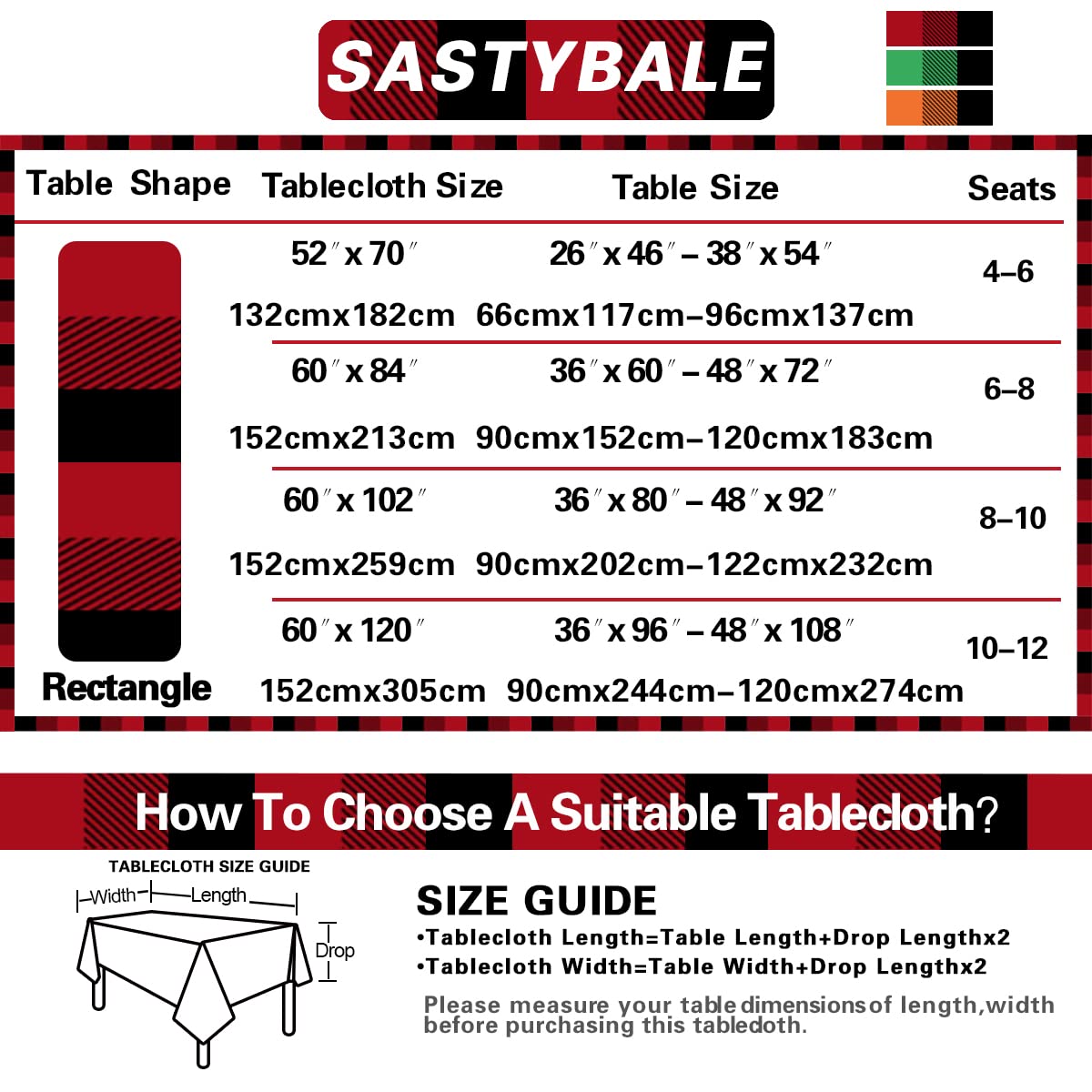 Buffalo Plaid Vinyl Christmas Tablecloth Rectangle 52 x 70 Inch With Flannel Backing, Waterproof & Anti-Slip Table