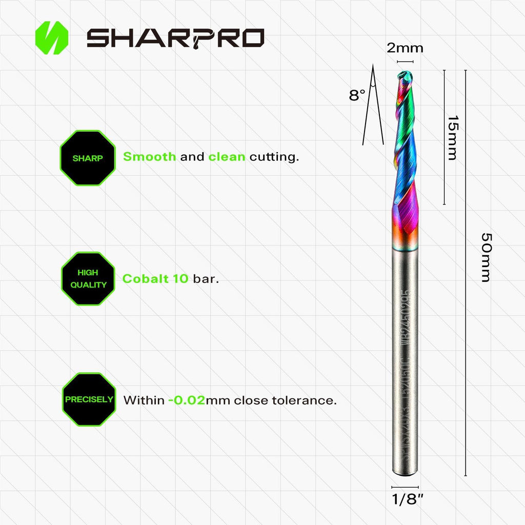 SHARPRO Carbide Tapered Ball Nose End Mill, 1/8" Shank 8° CNC Carving Router Bit 2mm Tip (R1 Radius), Spiral 2 Flute for Wood Engraving, 3D/2D Milling, Quark Coated