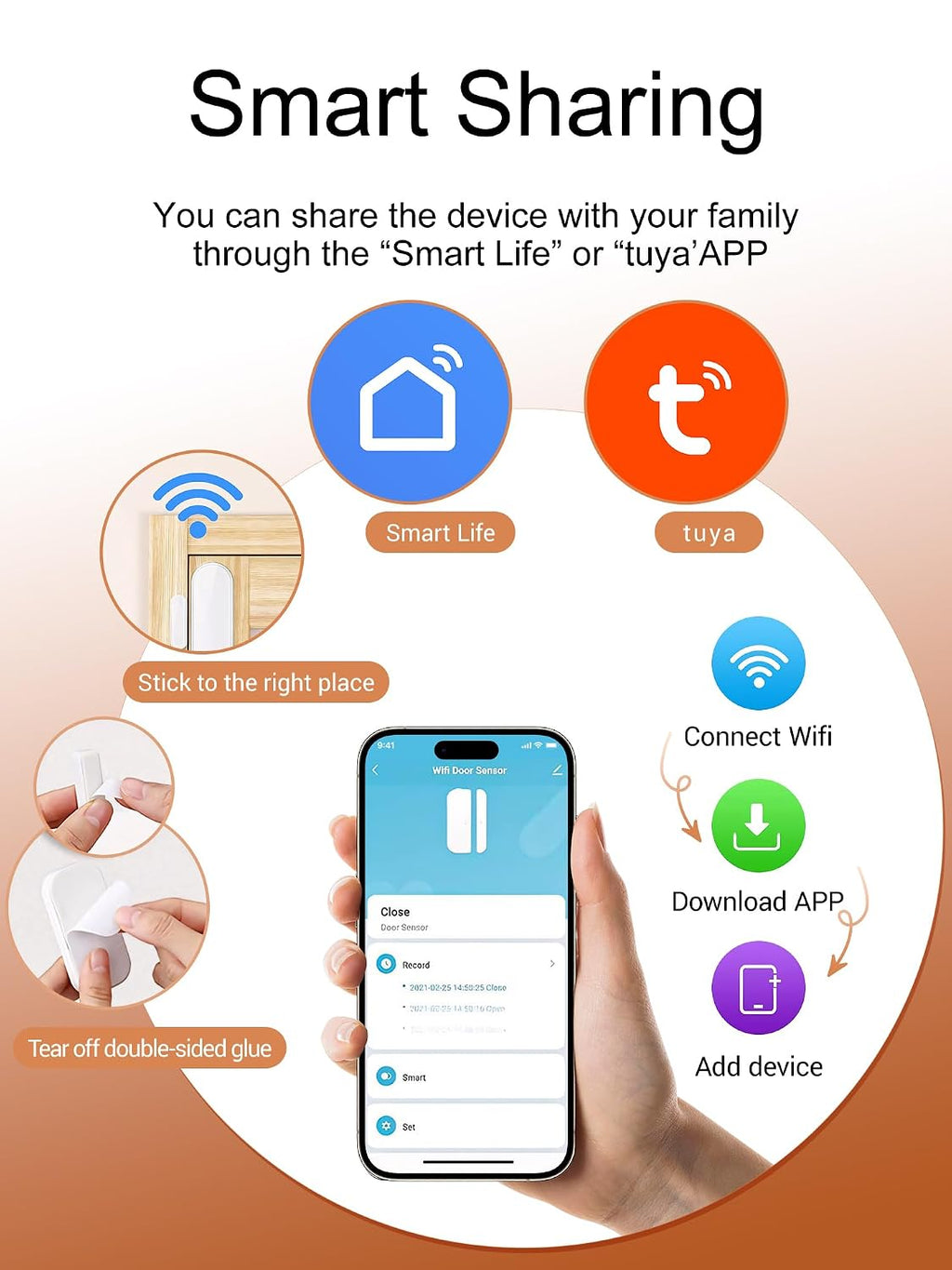 WiFi Door Window Alarm Sensor, Smart Wireless Magnetic Contact Sensor with Real-Time App Alerts, Compatible with