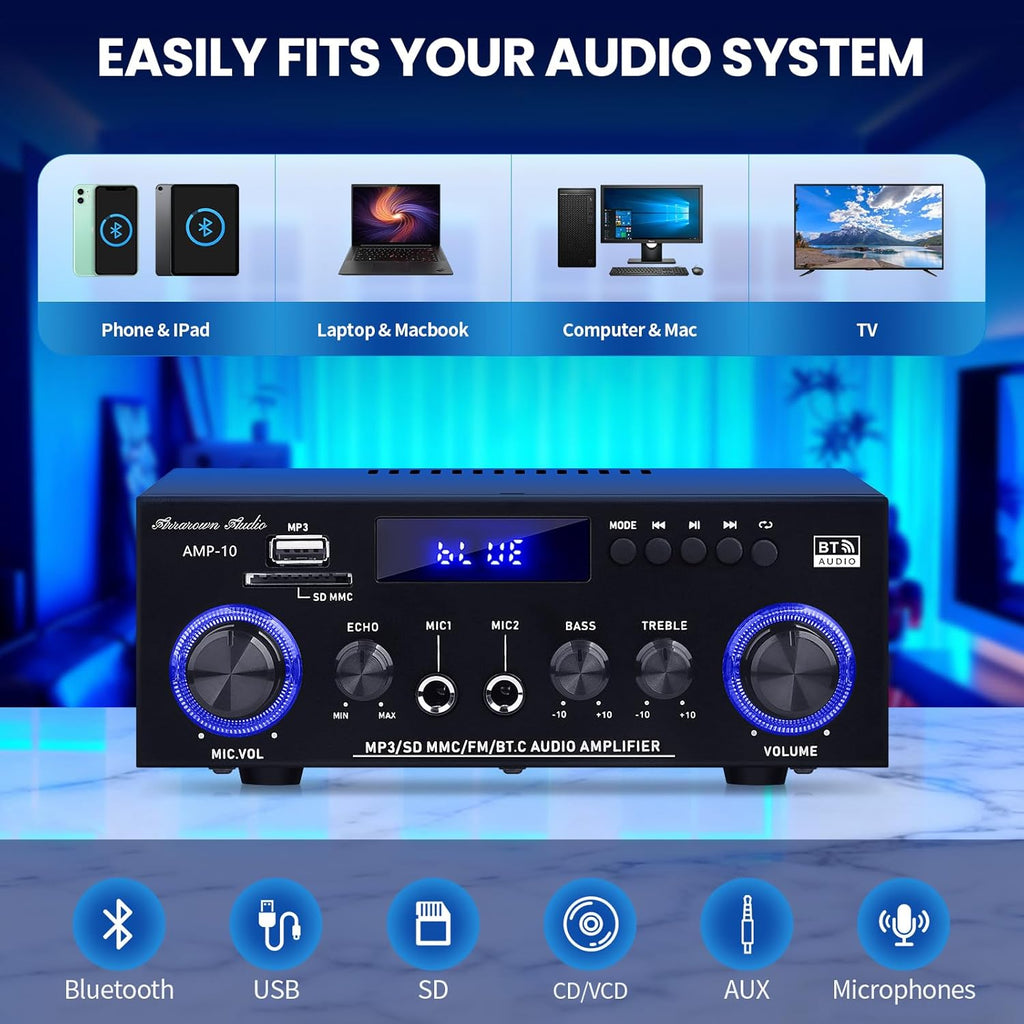 AMP 10 Bluetooth Amplifier, Home Stereo Receiver with FM, 2CH