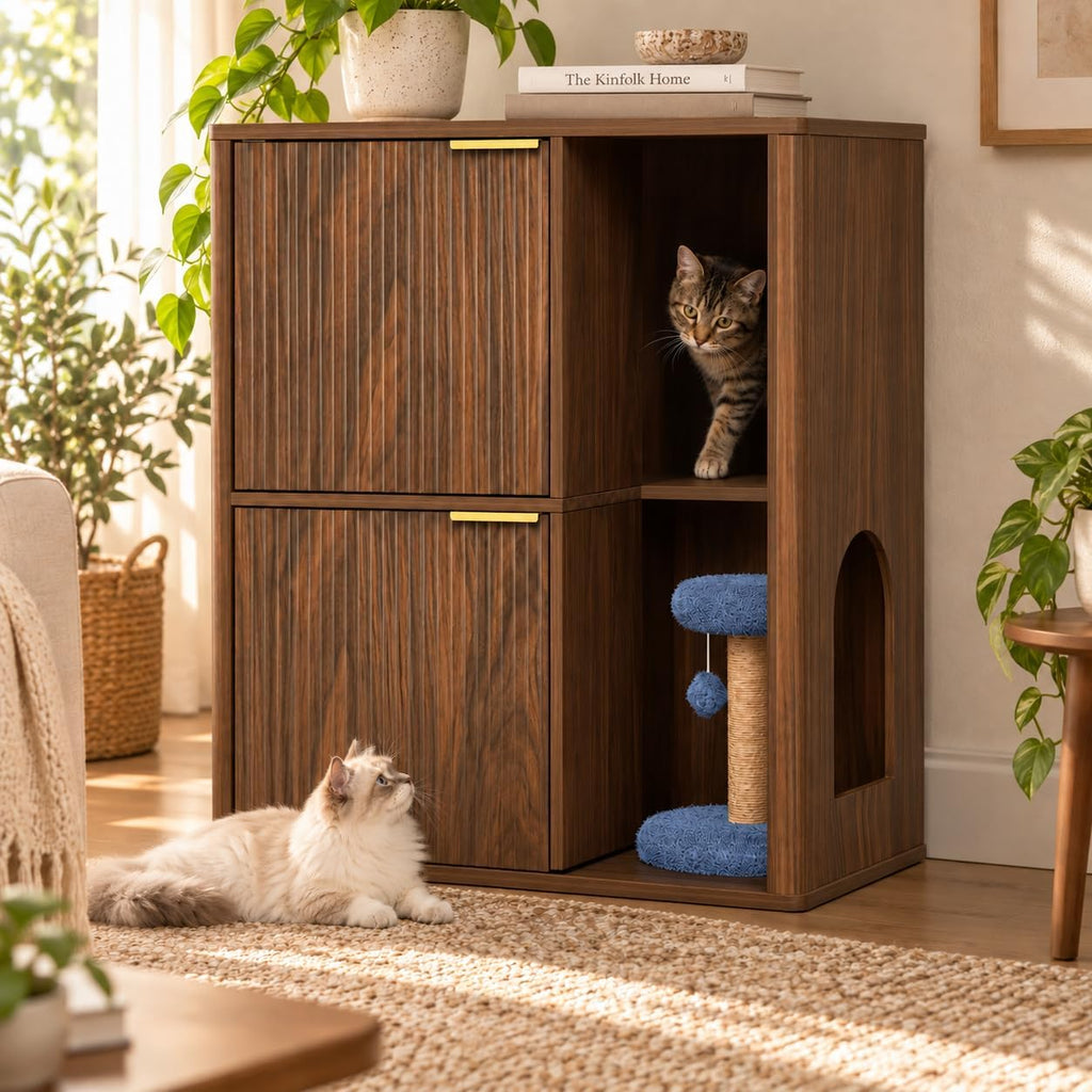 Hidden Cat Litter Box Enclosure with Cat Tree, Dual Entry, Scratching Post