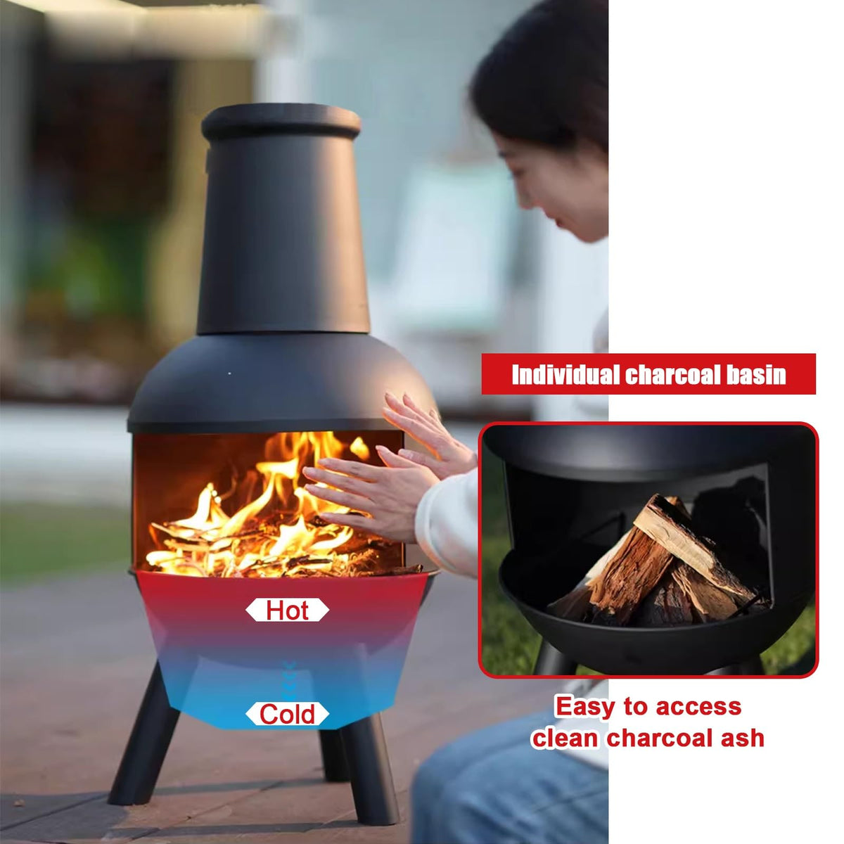 Chiminea, Outdoor Wood Burning Firepit, Fireplace for BBQ & Warming, with Grill Mesh, Chimney & Firewood Rack
