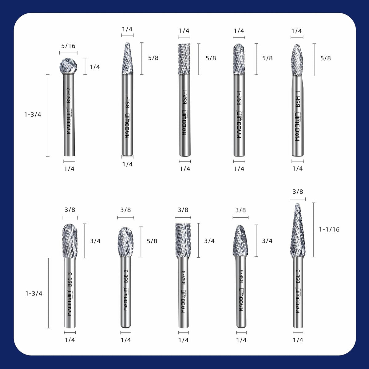 10Pcs Carbide Burr Set 1/4" Shank Double Cut Rotary File Tool
