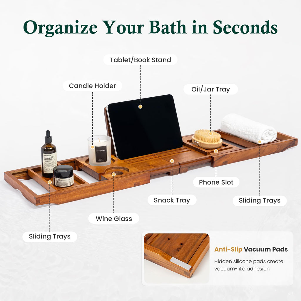 Teak Bathtub Tray Caddy, Adjustable Wood Bath Organizer