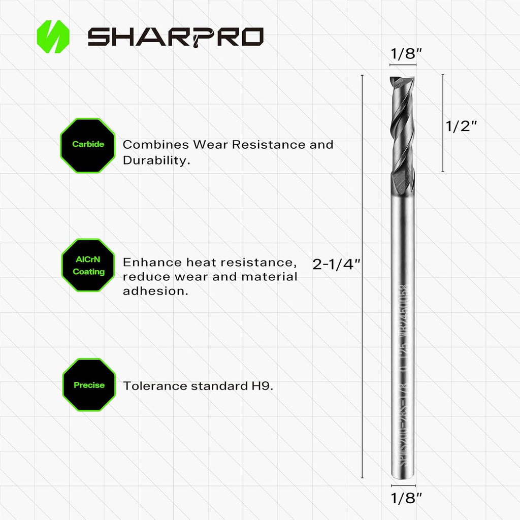 1/8 End Mills 1/8 Inch Shank, 2 Flute Carbide Square Endmill with AlCrN Coated, Upcut Spiral CNC Router Bits for Alloy Steel, Metal and Stainless Steel